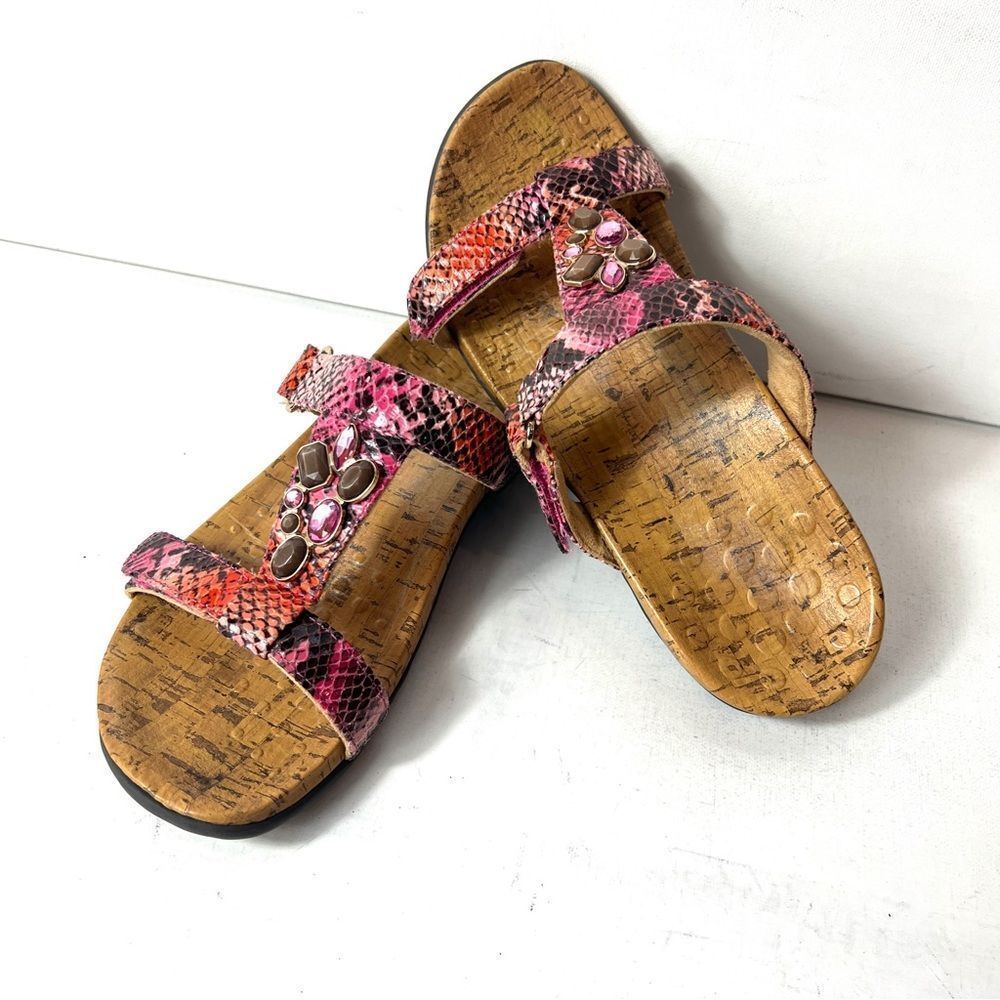 Vionic Flat Strappy Slide Sandals Womens 9 Snake Skin Print Embellished Open Toe